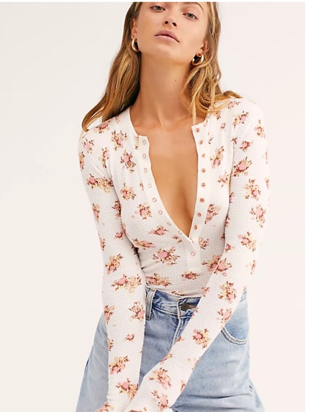 Free People Intimately One of the Girls Floral Henley Thermal Top Size L - Picture 1 of 10